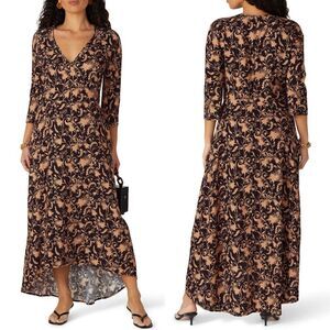ZERO + MARIA CORNEJO Isle Dress Womens 8 Black Tan Floral Silk 3/4 Sleeve Maxi